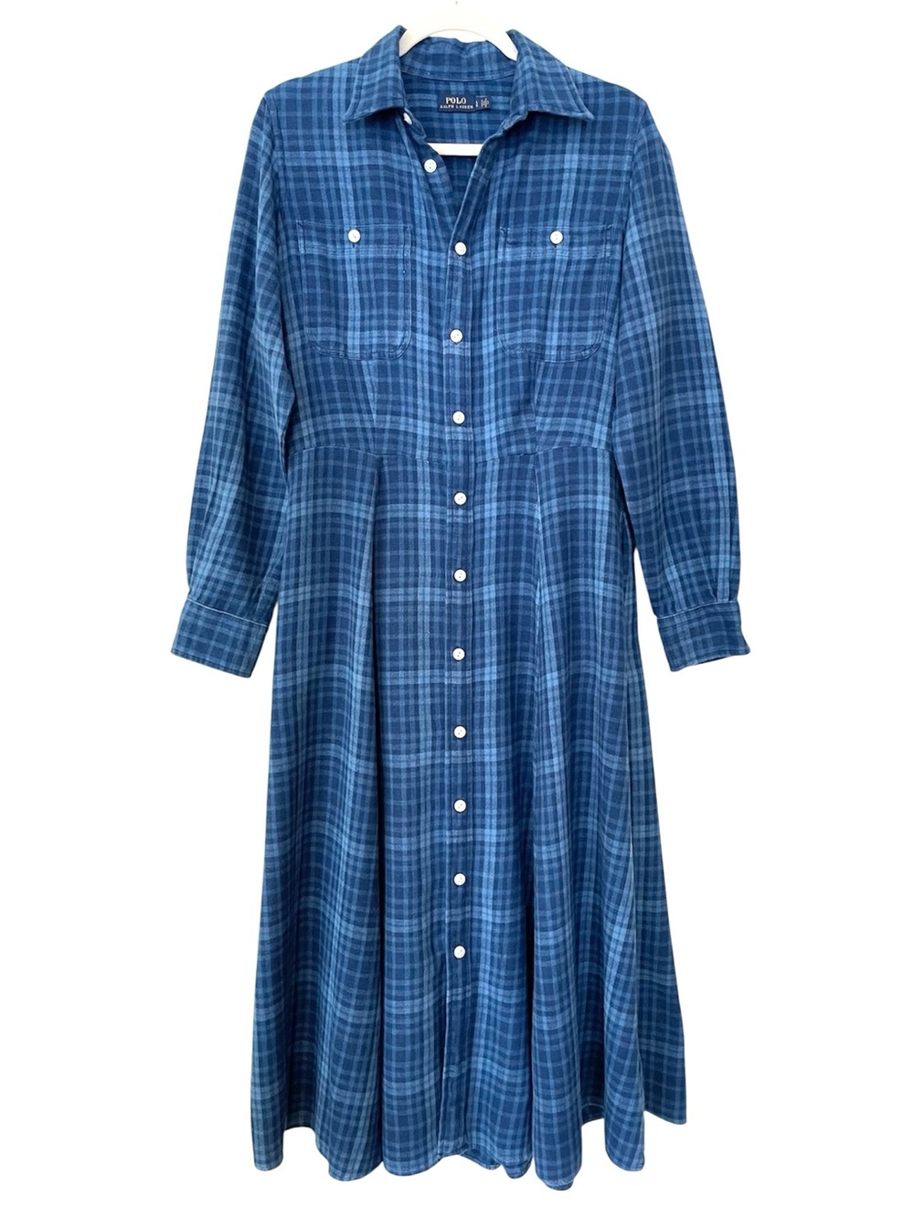 Polo Ralph Lauren Cotton Flannel Shirtdress L Cobalt Blue Heritage Plaid Maxi